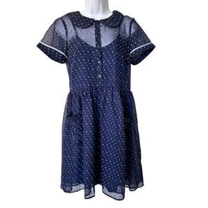 ModCloth Polka Dot Short-Sleeve Sheer blue Dress attached‎ slip S